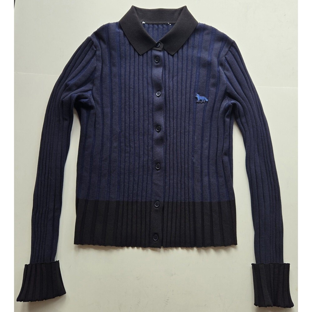 Maison Kitsune womens XS? blue & black striped ribbed cotton‎ cardigan